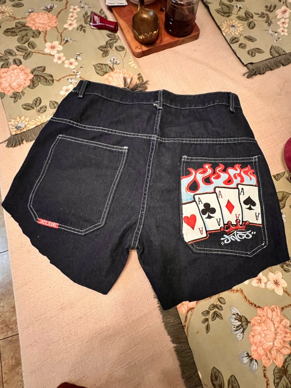 Dark Denim Women’s Shorts with Flame Patch